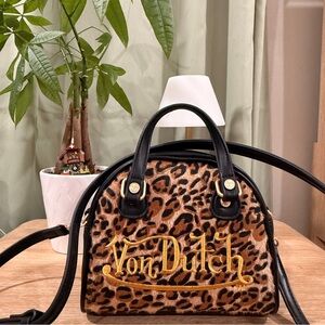 Von Dutch Leopard Print Satchel with Black and Gold Accents
